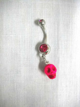 Hot Pink 3D Human Skull Head Charm On Fuscia Pink Cz Belly Ring Navel Barbell - £4.78 GBP