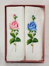 Set of 2 Vintage Handkerchief Box Embroidered Rose Flowers 11&quot; Pink Blue  - $14.99