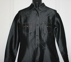 NY Jeans Womens Size Medium Black Blouse Button Up Shiny Fitted White Stitch - £9.92 GBP
