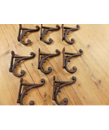 8 BROWN RUSTIC COAT HOOKS ANTIQUE STYLE CAST IRON 4.5&quot; WALL DOUBLE RESTO... - $52.16 CAD