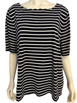 Talbots Woman Navy Blue &amp; White Stripe Short Sleeve Scalloped Neck Shirt Size 3X - £20.11 GBP