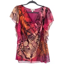 One World Shirt PXL Womens Pink Orange Drape Layered Career Casual Leopa... - £12.34 GBP