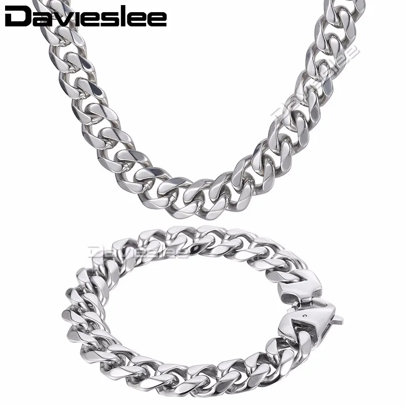 Mens Necklace Bracelet Polished Jewelry Set Silver Color 316L Stainless Steel Ch - £39.26 GBP