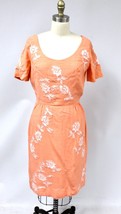 50&#39;s Harou&#39; Wiggle Dress Coral Linen Lace Applique Fitted Pencil Cut Skirt  - $133.65