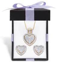 Round Heart With Halo Necklace And Earrings Gp 18K Gold Sterling Silver - £235.98 GBP