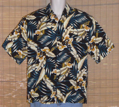 Ringo Sport Hawaiian Shirt Black Blue Tan Leaves Flowers Size Large - €16,87 EUR