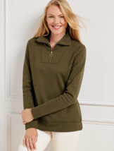 Talbots Zip Mockneck Pullover Fleece Sweater Side Slit Army Green, Size L - £34.54 GBP