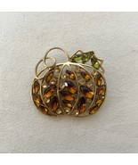 Pumpkin Pin Brooch Amber Orange Green Leaf Rhinestones Gold Tone Metal V... - $25.26 CAD