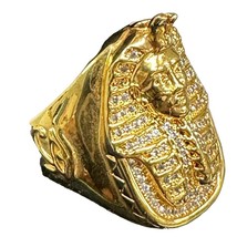 Huge Vintage King Ice Pharaoh Egyptian King Tut Gold Ring Mens 9 Crystal Studded - £70.01 GBP