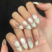 Champagne Pearl French Tip Press-On Nails – Oval Shimmer with Gold Detai... - $467.56 MXN