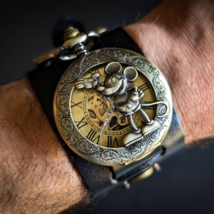 MICKEY MOUSE Movement Watch Steampunk Cuff, Steampunk wristwatch, Genuine Leathe - £145.52 GBP