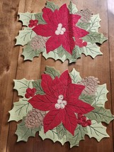 2 Poinsettia Embroidered Applique Christmas Holiday Placemats Great For ... - $10.00