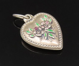 925 Silver - Vintage Beaded Border Floral Enamel Love Heart Pendant - PT... - £27.30 GBP