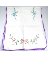 Vintage Embroidered Dresser Scarf Floral Purple Crocheted Edge 14&quot; x 34&quot; - $10.12