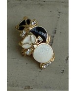 Nice Gold Tone Enameled Pin, Black and White, With Faux Diamond Stones VGC - $9.89