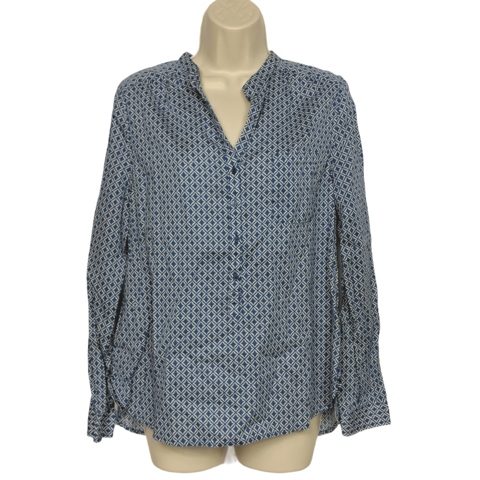 Joe Fresh Womens Geometric Blouse Top Size Small Blue White Long Sleeve - $14.55