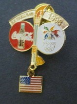 Coca-Cola 1998 Nagano, Japan Olympic Lapel Pin with Torch and Dangle USA Flag - £18.09 GBP