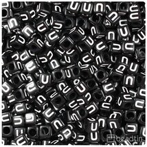BeadTin Black Opaque 6mm Cube Plastic Alphabet Beads- White Letter U (80... - $2.09
