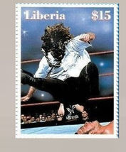 2000 wwf Mankind VS The Rock Liberia $15 wrestling stamp Buy now at smok... - $1.89