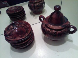 Vintage Hand Made Ceramic Pottery Dish With Lid &amp; 6 Plates Bowls Ethnic Wood Spn - £31.63 GBP