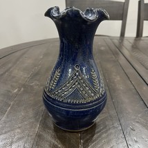 Loy Carpenter West Virginia Studio Pottery Blue 8.25” Ruffled Vase 2001 ... - $49.49