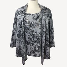 Alfred Dunner Woman 2 In 1 Twinset Blouse Gray Black Paisley Necklace Size 2XL - £27.53 GBP