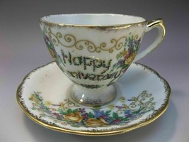 Happy Anniversary Tea Cup Saucer Set Bone China Flowers Yellow Roses - £9.47 GBP