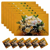 Flower Printed PVC Table mat 6 Pcs Placemats with 6 Tea Coasters  Kitchen Yellow - £16.07 GBP