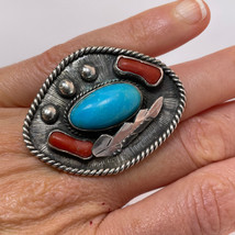 Navajo Turquoise Coral Ring Sterling Silver Signed Make Offer Welcome - $397.31