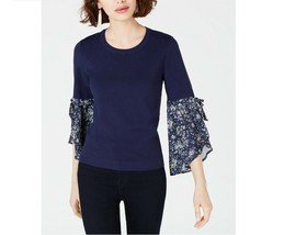 Maison Jules Womens XL Blue Notte Print 3/4 Contrast Tie Sleeve Knit Sweater NWT - £19.69 GBP