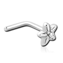 14K White Gold-Plated Silver Mini Flower L-Bend Nose Hoop Stud Pin 20 Gauge - £14.76 GBP
