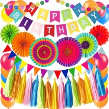 Birthday Party Decoration, Multi-Colored Happy Birthday Banner With Paper Fans G - £23.97 GBP