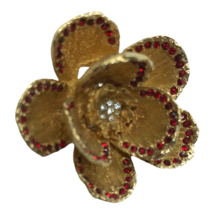 Vintage Flower Brooch Signed Vogue Jewelry Rhinestone 3D Floral Red gold tone - £39.52 GBP