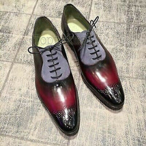 Handmade Men&#39;s Leather Oxfords Two Tone Pointed Brogues Toe Lace Up Shoe... - $218.49