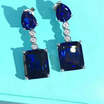 14K White Gold Plated Silver 4Ct Emerald Simulated Sapphire Drop/Dangle Earrings - £98.38 GBP