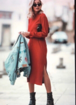 Zara Casual Dress Womens S Red Rib Shift Long Sleeve Drawstring Belt Side Slits - £18.07 GBP