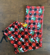 Peanuts womens Christmas Snoopy  Red Plush Pajama Pants M Plaid Print - £22.80 GBP