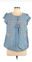 old Navy Sz Large Blue Cotton Chambray Flutter Sleeve Embroidered Blouse - £23.26 GBP