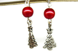 Christmas Tree Red Ball Silver Tone Vertical Drop Dangle Hook Earrings Womans - £6.25 GBP