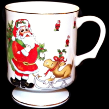 Lefton 1984 Christmas Pedestal Footed Coffee Cup Mug Santa with Baby Reindeer - £26.09 GBP
