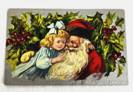 Santa with Young Blonde Girl Blue Dress Holly and Berries on Silver Post... - $9.90
