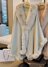 Elegant V Lapel Faux Rex Rabbit Coat Cape Winter Women Big Long Shawl Full Trim  - £78.03 GBP