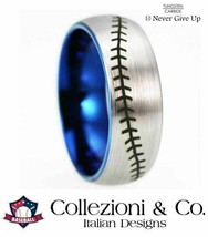 Mens Tungsten Carbide Steel Baseball Player Stitch 8mm Domed Ring Blue Band USA - £11.71 GBP