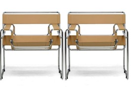 2x Chromed Steel Tube Frame Chairs with Light Brown Tan Camel Leather Straps - £641.42 GBP