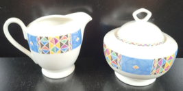 Oneida Origami Creamer Sugar Bowl &amp; Lid Set Vintage Geometric Blue Red G... - £30.79 GBP