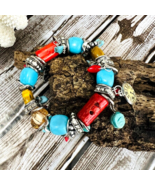 Chunky Turquoise Jasper Red Coral Tigers Eye Bead Bracelet Silver Tone H... - £23.69 GBP