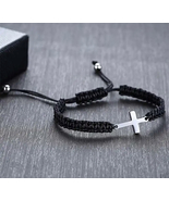 Simple Cross Raided Rope Bracelet Adjustable Christian White Black Leath... - £12.35 GBP