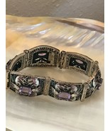 Estate Oval Amethyst Stones in Wide Ornate Purple &amp; White Enamel Floral ... - £148.99 GBP