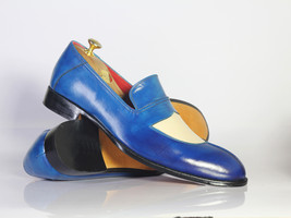 Handmade Men&#39;s White Blue Split Toe Leather Loafer Shoes,Men Designer Dress Shoe - £116.27 GBP+
