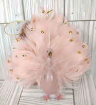 Pink Puffy Peacock Bird Holiday Christmas Ornament Sequins Feathers Keepsake - £11.19 GBP